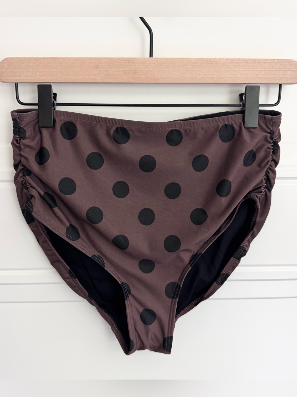 Albion Brown with Black Polka Dot Ruched Midi Swim Bottoms, S